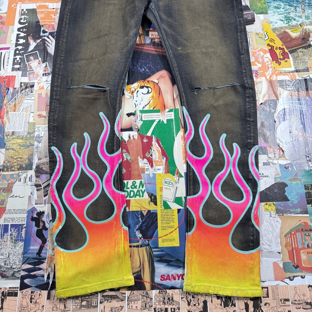MacKeen Jeans Flame Painted Distressed Denim Pants with Chain‎ Mens